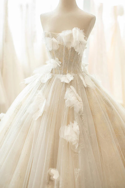 Champagne Tulle Lace Long A-Line Wedding dress TP954