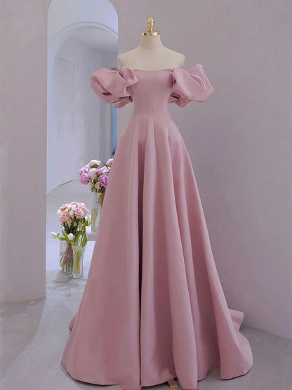 Pink Satin A-line Floor Length Party Dress, Pink Satin Short Sleeves Prom Dress TP984