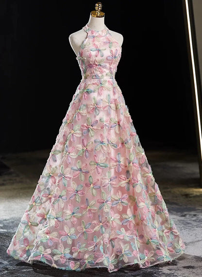 Pink Halter A-line Floral Lace Long Party Dress, Pink Low Back Prom Dress TP997