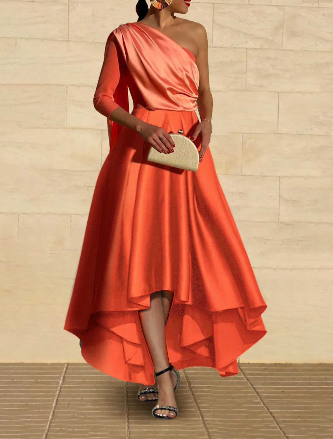 A-Line Evening Gown Elegant Dress Formal Wedding Party Tea Length 3/4 Length Sleeve One Shoulder Fall Wedding Guest Satin with Ruched