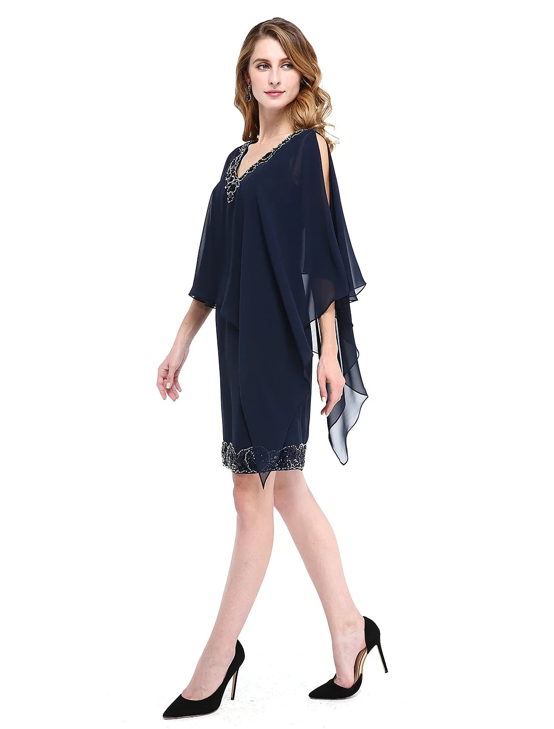 Sheath / Column Mother of the Bride Dress V Neck Knee Length Chiffon Sleeveless No with Beading Sequin