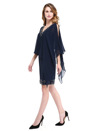 Sheath / Column Mother of the Bride Dress V Neck Knee Length Chiffon Sleeveless No with Beading Sequin