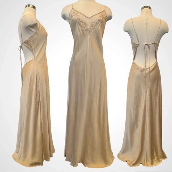 Champagne Victorian Style Exquisite Floral Embroidery Beading Spaghetti Strap Backless Long Satin Ball Gown Evening Dress Party Dress gh3924