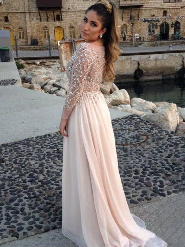 Long Sleeves A-line/Princess Bateau Beading Floor-length Chiffon Dress