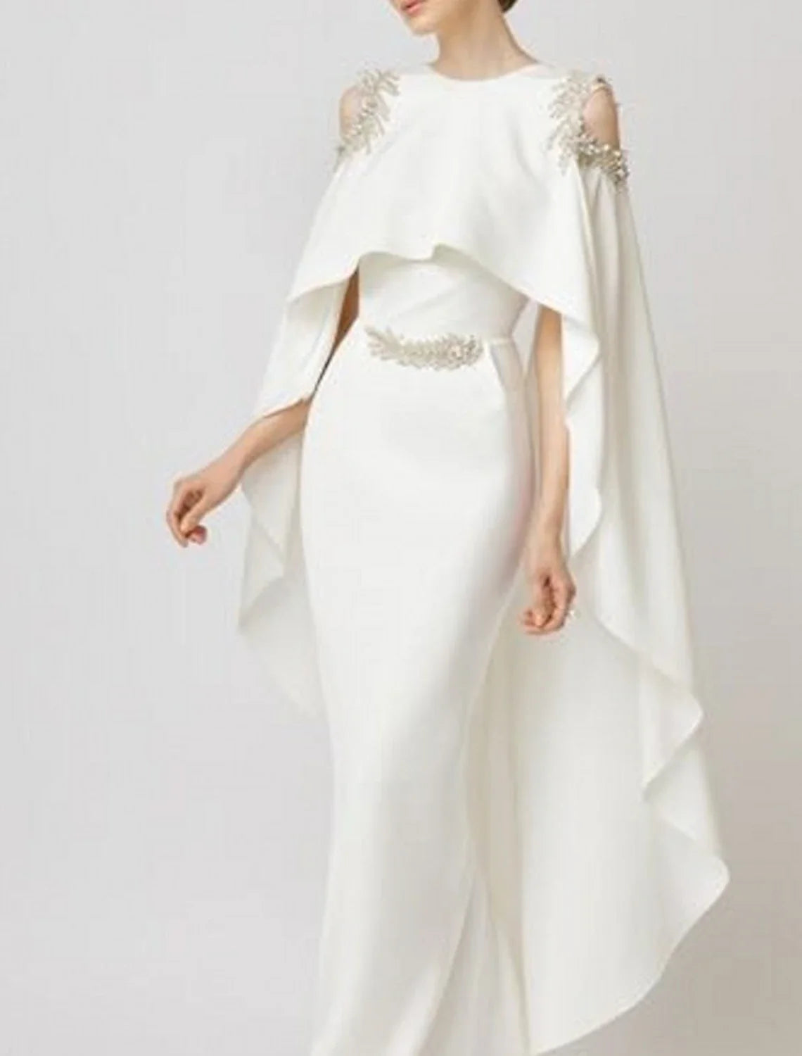 Mermaid / Trumpet Evening Gown Maxi Dress Formal Wedding Guest Floor Length Sleeveless Jewel Neck Capes Chiffon with Appliques