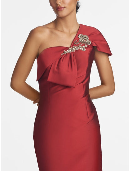 Sheath / Column Evening Gown Elegant Christmas Dress Formal Floor Length Sleeveless One Shoulder Satin with Crystals Shouder Flower