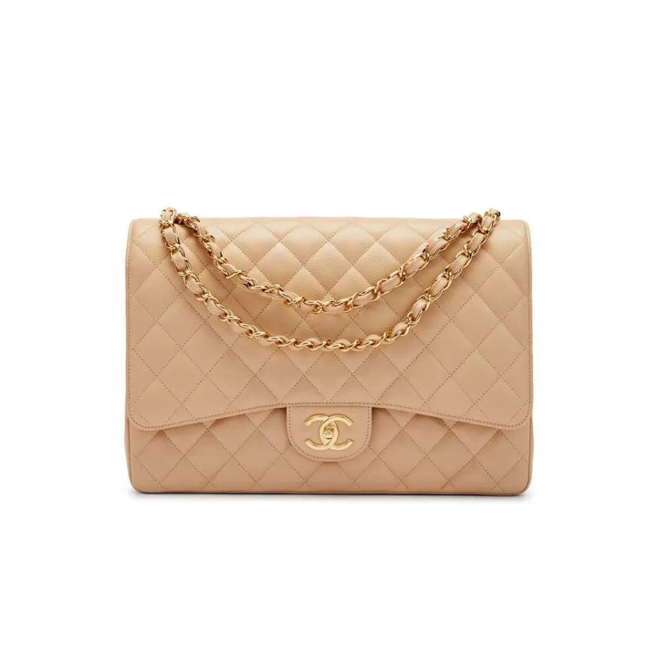 CHANEL Caviar Quilted Jumbo Double Flap Light Beige