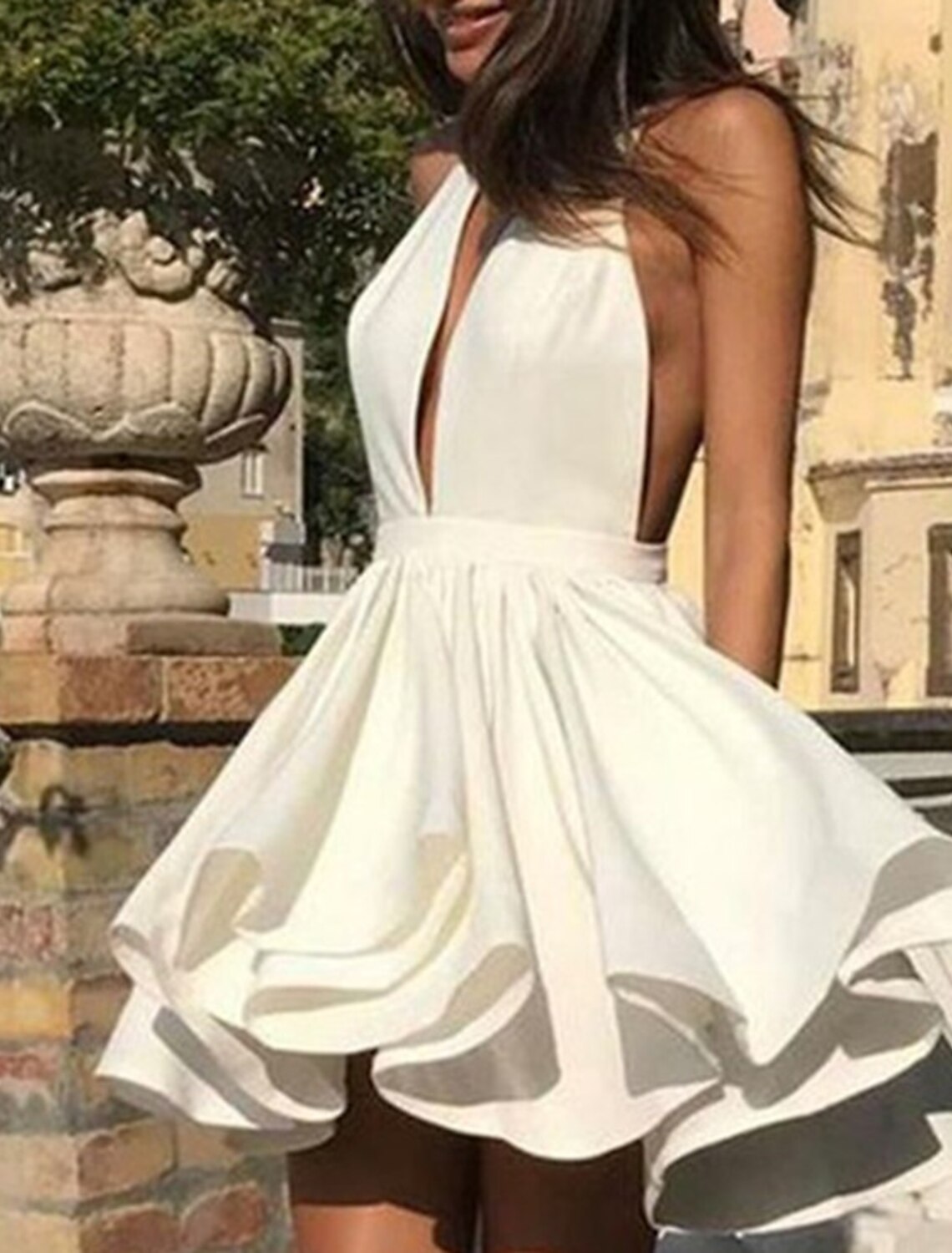 A-Line Homecoming Dresses Tiered Plisse Dress Holiday Graduation Short / Mini Sleeveless Halter Neck Satin with Ruffles