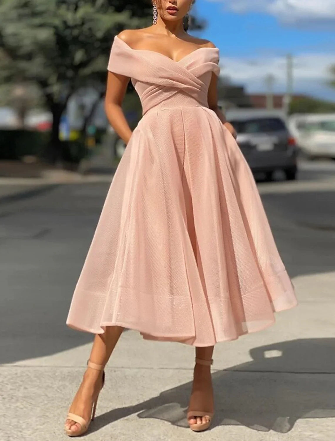A-Line Cocktail Dresses Vintage Dress Wedding Guest Christmas Red Green Dress Tea Length Sleeveless Off Shoulder Tulle with Pleats 2026