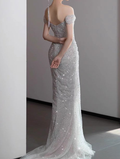 Mermaid Gownse??? Off The Shoulder Tulle Sequins Long Prom Dresses For Prom Events &Quinceanera