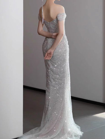 Mermaid Gownse??? Off The Shoulder Tulle Sequins Long Prom Dresses For Prom Events &Quinceanera