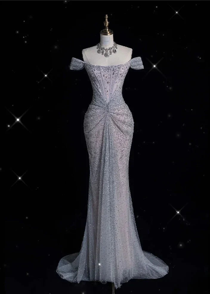 Mermaid Gownse??? Off The Shoulder Tulle Sequins Long Prom Dresses For Prom Events &Quinceanera