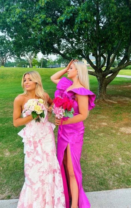 Pink Fashion Elegant Off-Shoulder Printed Floral Mermaid Slim Fit Long Ruffled Ball Gowns Prom Dress