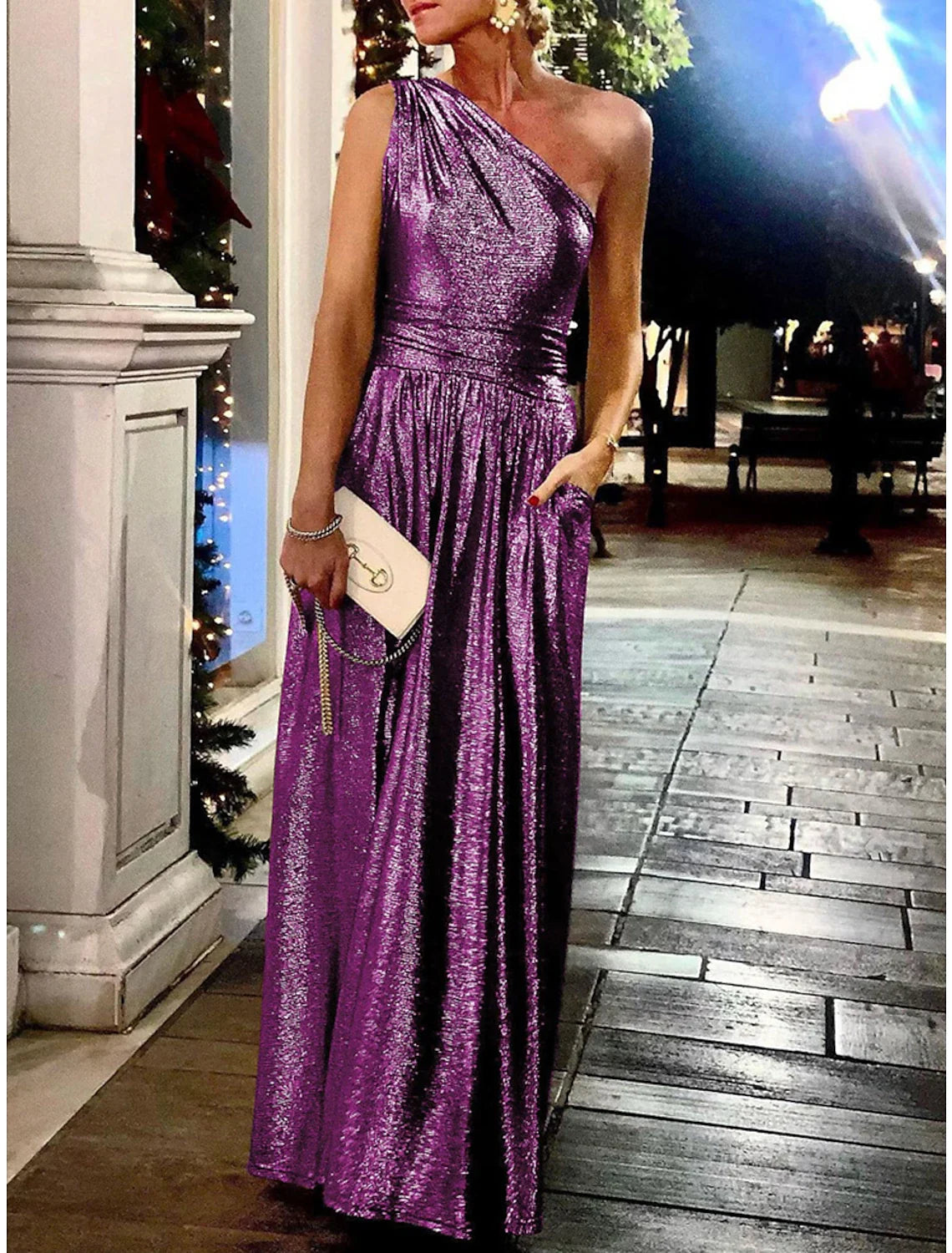 Women's Party Dress Homecoming Dress Wedding Guest Dress Long Dress Maxi Dress Silver Blue Purple Sleeveless Pure Color Pocket Summer Spring One Shoulder Fashion Evening Party Wedding Guest Vacation