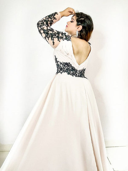 A-Line/Princess V-neck Applique Floor-Length Chiffon Long Sleeves Plus Size Dresses