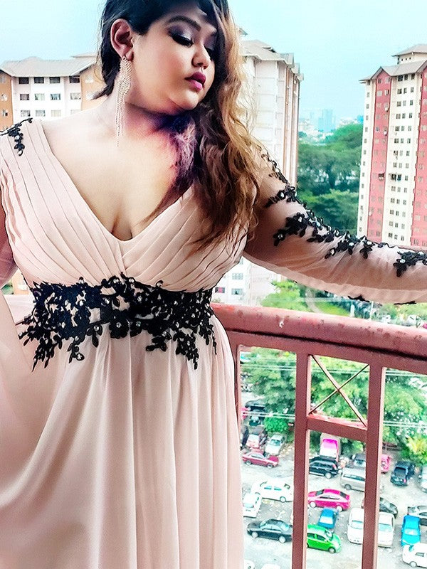 A-Line/Princess V-neck Applique Floor-Length Chiffon Long Sleeves Plus Size Dresses