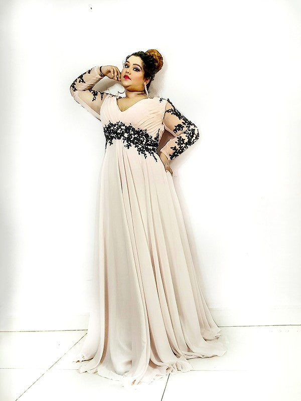 A-Line/Princess V-neck Applique Floor-Length Chiffon Long Sleeves Plus Size Dresses