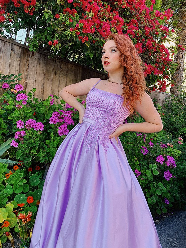 Ball Gown Sleeveless Floor-Length Satin Applique Spaghetti Straps Dresses