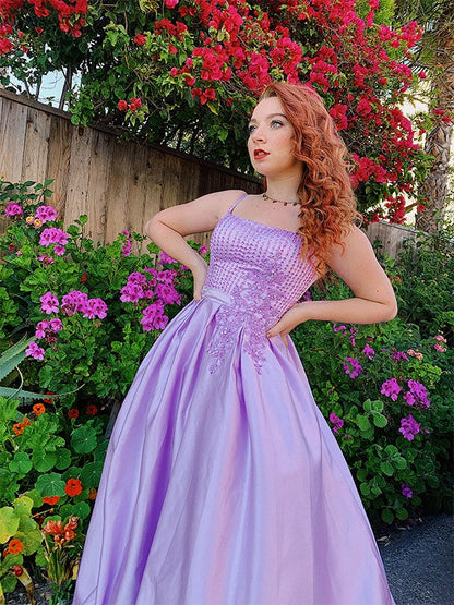 Ball Gown Sleeveless Floor-Length Satin Applique Spaghetti Straps Dresses