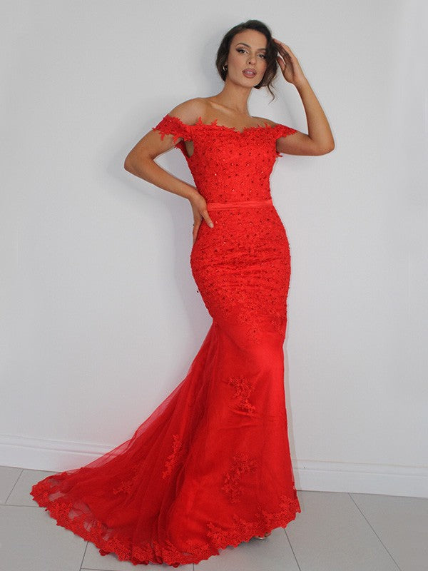 Trumpet/Mermaid Tulle Applique Off-the-Shoulder Sleeveless Sweep/Brush Train Dresses