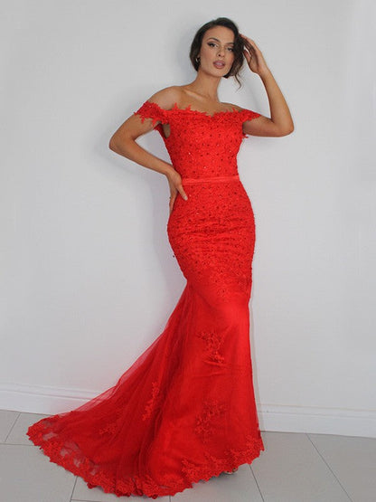Trumpet/Mermaid Tulle Applique Off-the-Shoulder Sleeveless Sweep/Brush Train Dresses