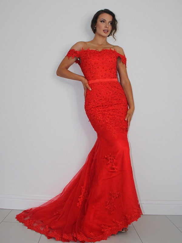 Trumpet/Mermaid Tulle Applique Off-the-Shoulder Sleeveless Sweep/Brush Train Dresses