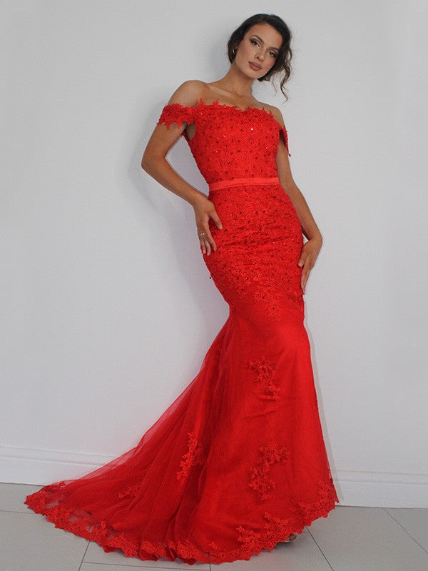 Trumpet/Mermaid Tulle Applique Off-the-Shoulder Sleeveless Sweep/Brush Train Dresses