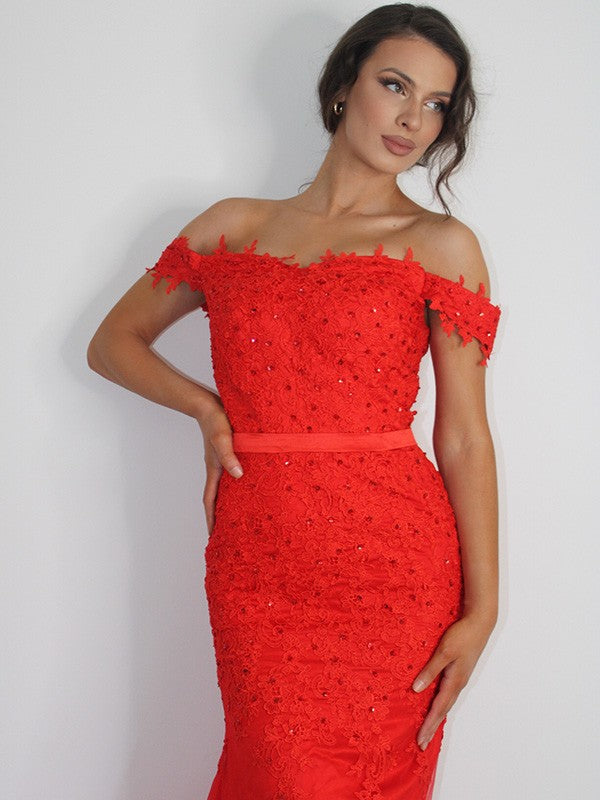Trumpet/Mermaid Tulle Applique Off-the-Shoulder Sleeveless Sweep/Brush Train Dresses