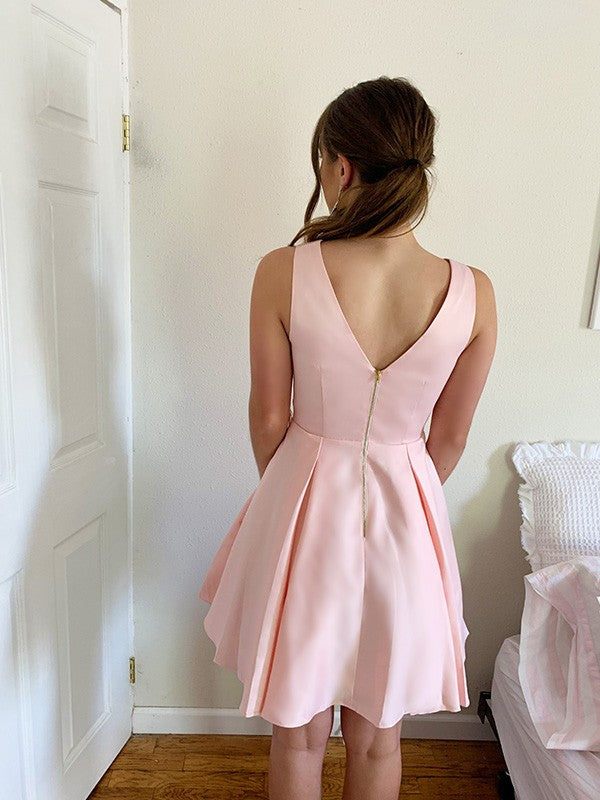 A-Line/Princess V-neck Sleeveless Ruffles Satin Short/Mini Homecoming Dresses