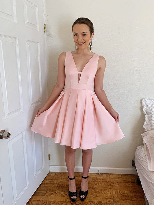 A-Line/Princess V-neck Sleeveless Ruffles Satin Short/Mini Homecoming Dresses