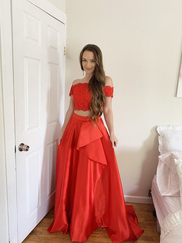 A-Line/Princess Satin Lace Off-the-Shoulder Sleeveless Sweep/Brush Train Two Piece Dresses