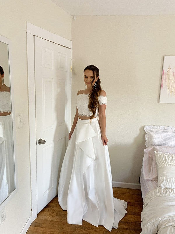 A-Line/Princess Satin Lace Off-the-Shoulder Sleeveless Sweep/Brush Train Two Piece Dresses