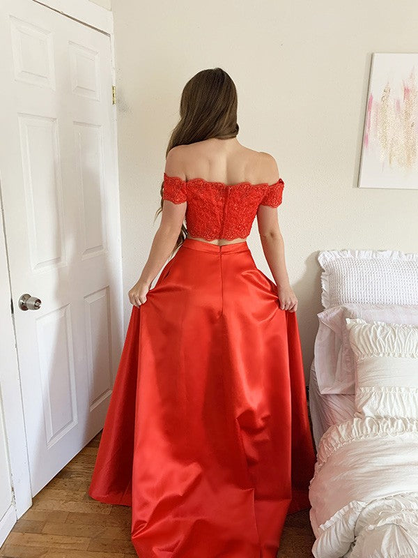 A-Line/Princess Satin Lace Off-the-Shoulder Sleeveless Sweep/Brush Train Two Piece Dresses