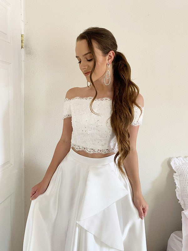 A-Line/Princess Satin Lace Off-the-Shoulder Sleeveless Sweep/Brush Train Two Piece Dresses
