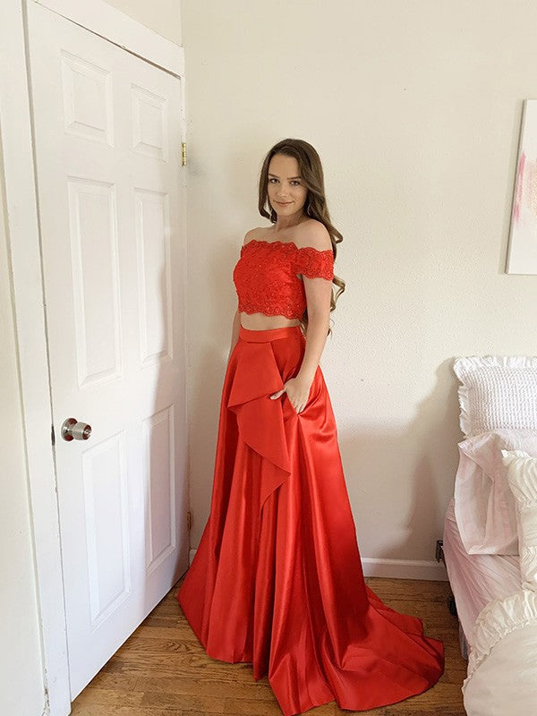 A-Line/Princess Satin Lace Off-the-Shoulder Sleeveless Sweep/Brush Train Two Piece Dresses