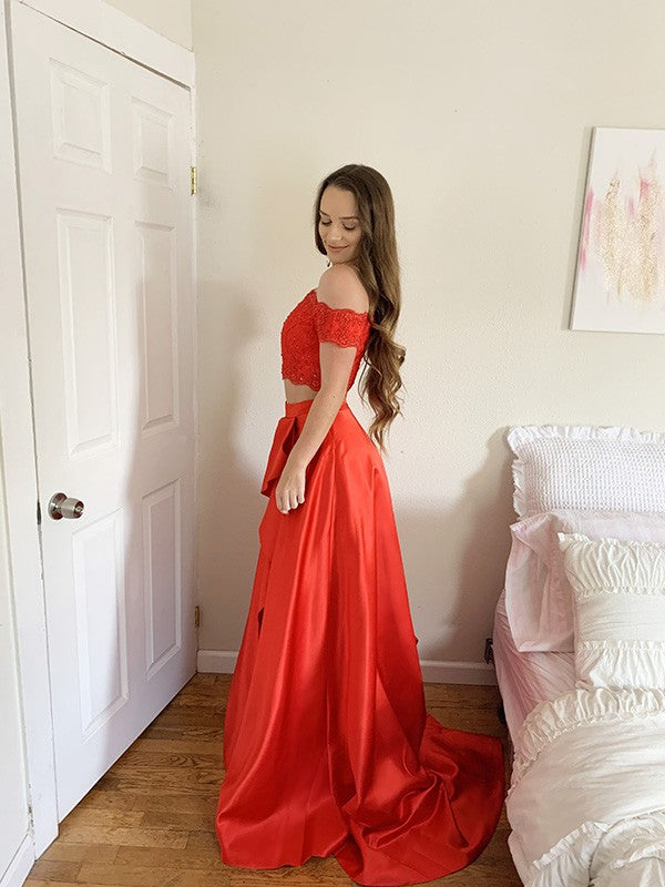 A-Line/Princess Satin Lace Off-the-Shoulder Sleeveless Sweep/Brush Train Two Piece Dresses