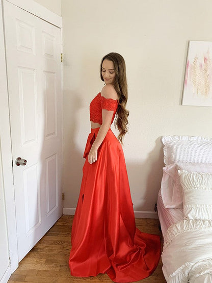A-Line/Princess Satin Lace Off-the-Shoulder Sleeveless Sweep/Brush Train Two Piece Dresses