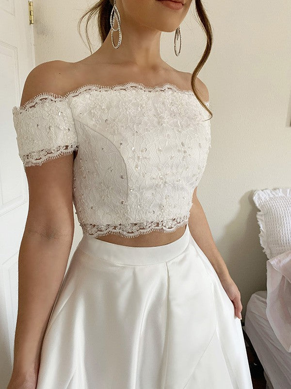 A-Line/Princess Satin Lace Off-the-Shoulder Sleeveless Sweep/Brush Train Two Piece Dresses