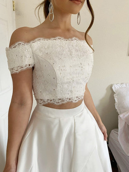 A-Line/Princess Satin Lace Off-the-Shoulder Sleeveless Sweep/Brush Train Two Piece Dresses