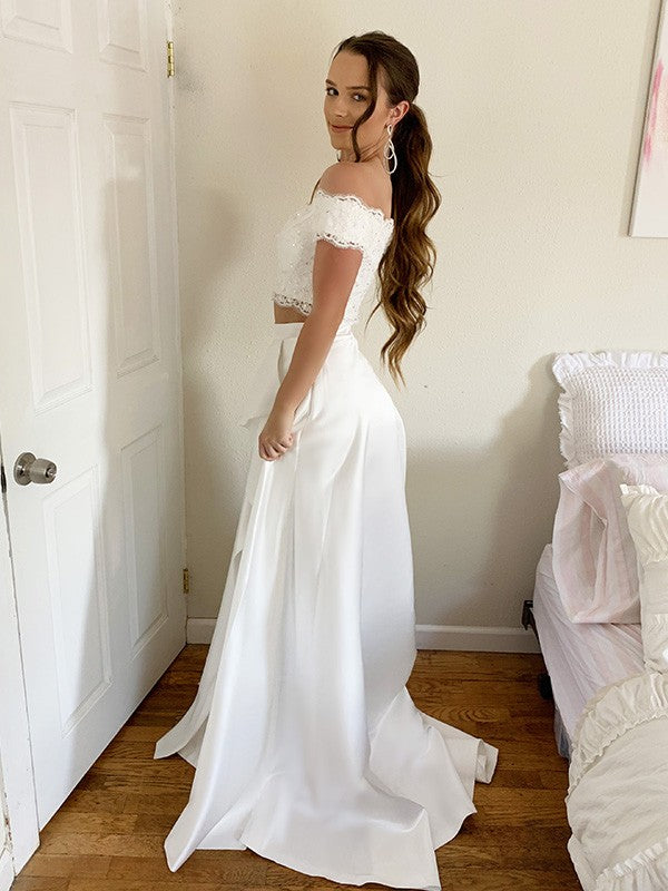 A-Line/Princess Satin Lace Off-the-Shoulder Sleeveless Sweep/Brush Train Two Piece Dresses