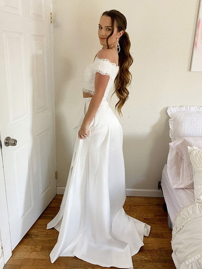 A-Line/Princess Satin Lace Off-the-Shoulder Sleeveless Sweep/Brush Train Two Piece Dresses