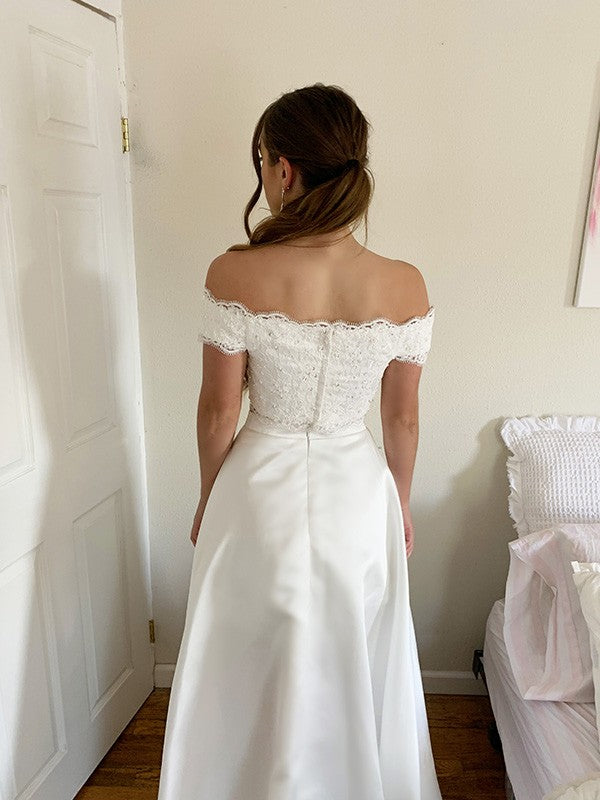 A-Line/Princess Satin Lace Off-the-Shoulder Sleeveless Sweep/Brush Train Two Piece Dresses