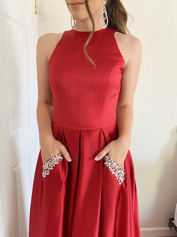 A-Line/Princess Sleeveless Halter Beading Satin Floor-Length Dresses