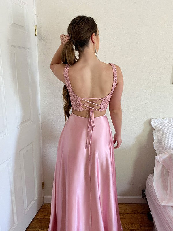 A-Line/Princess Square Applique Silk like Satin Sleeveless Sweep/Brush Train Two Piece Dresses