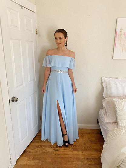 A-Line/Princess Off-the-Shoulder Beading Chiffon Floor-Length Sleeveless Dresses