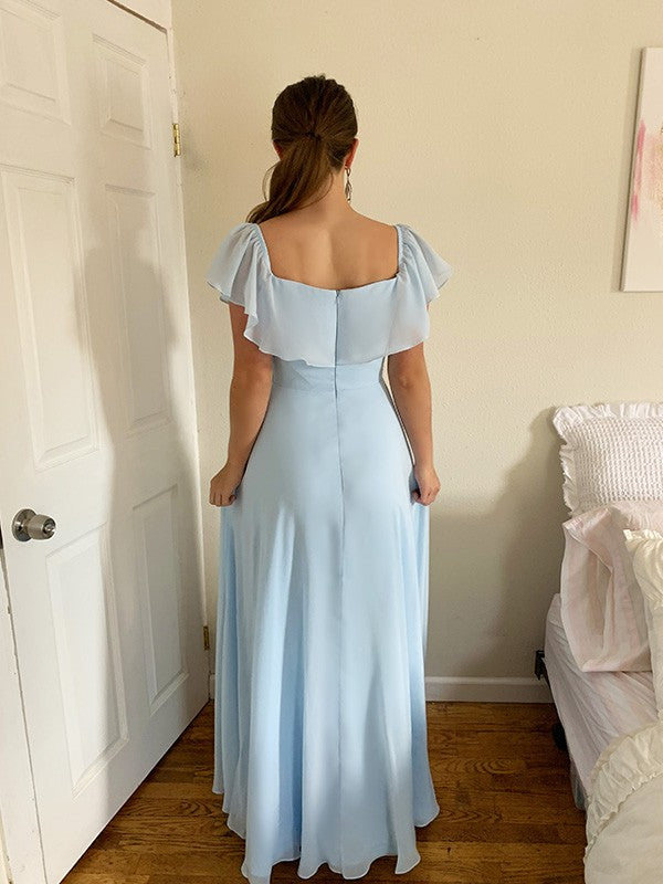 A-Line/Princess Off-the-Shoulder Beading Chiffon Floor-Length Sleeveless Dresses