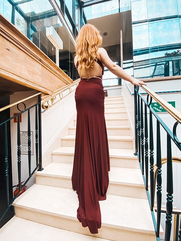 Trumpet/Mermaid V-Neck Sleeveless Ruffles Court Train Spandex Dresses