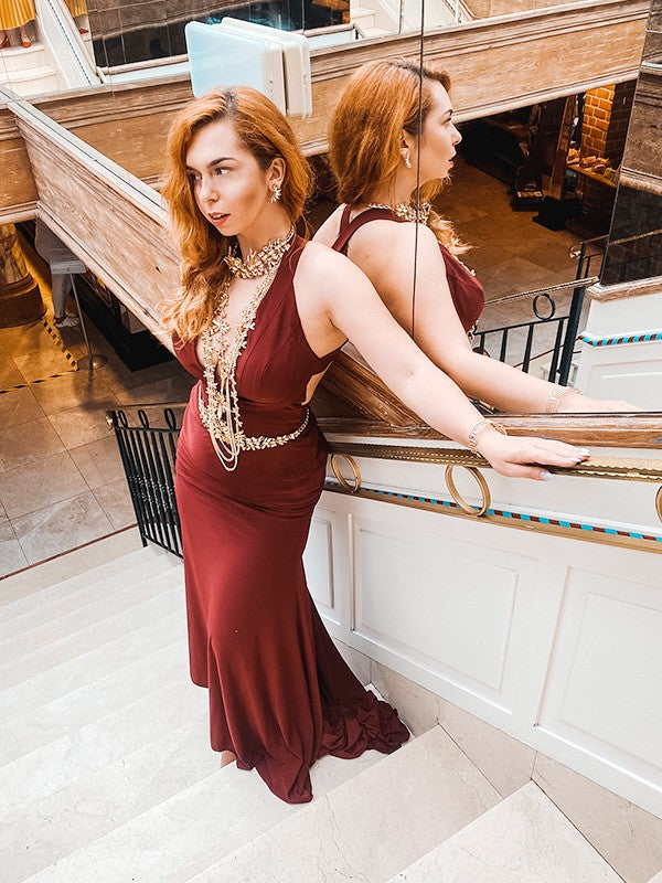 Trumpet/Mermaid V-Neck Sleeveless Ruffles Court Train Spandex Dresses