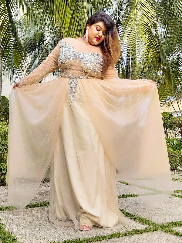 Ball Gown Tulle Long Sleeves Off-the-Shoulder Sequin Floor-Length Plus Size Dresses