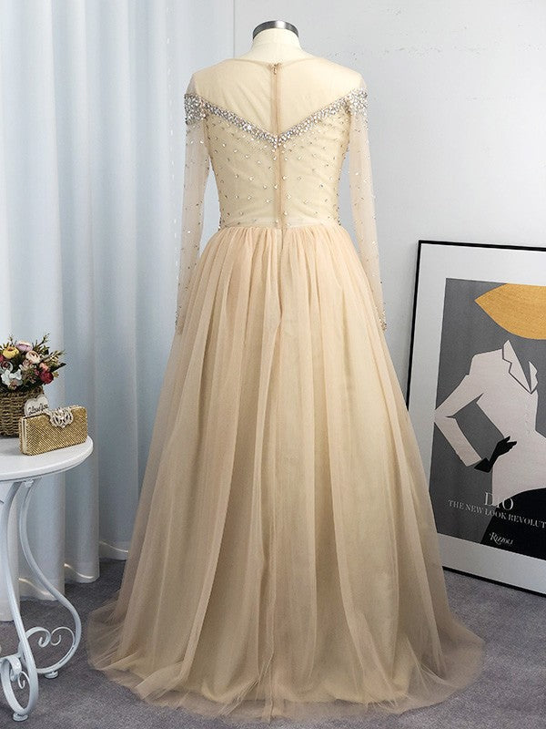 Ball Gown Tulle Long Sleeves Off-the-Shoulder Sequin Floor-Length Plus Size Dresses